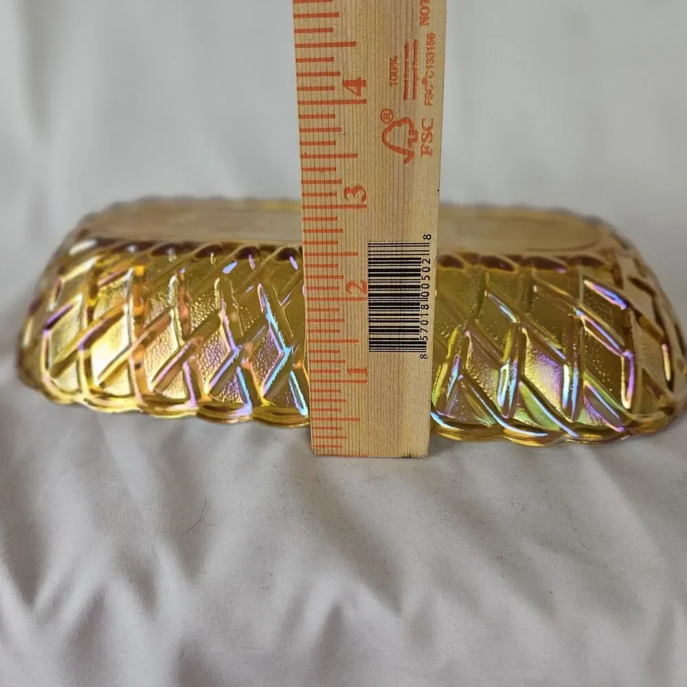 Vintage Amber Iridescent Basket Weave Carnival Glass Bread Cracker Dish 10.5 x 5